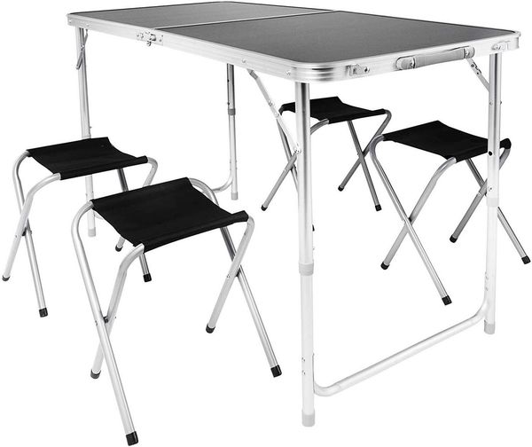 Goods+Gadgets Klapptisch Höhenverstellbarer Tisch Set mit 4 Stühlen Klapptisch Camping&Garten (Mehrzwecktisch, Campingtisch Markttisch), Multifunktionstisch mit 4 Stühlen - Schwarz