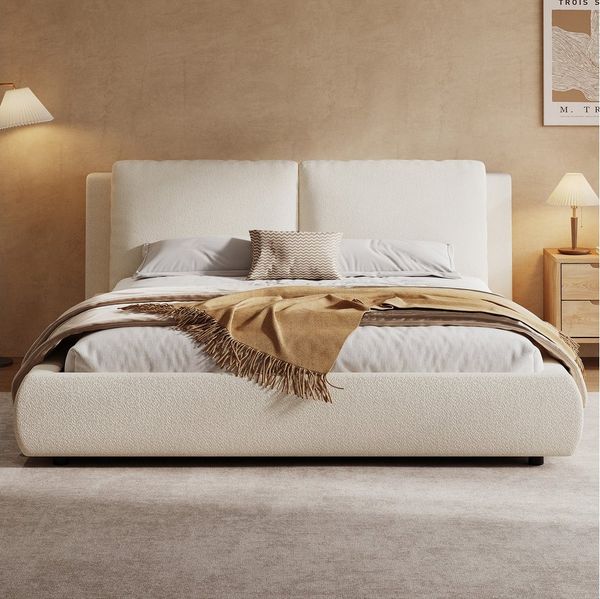 HAUSS SPOLE Polsterbett 180x200 mit Kopfteil Doppelbett mit Lattenrost Kinderbett,Funktion (Doppelbett, Funktionsbett, 1-tlg, hydraulisches Funktionsbett, gepolstertes Kopfteil, Beige Boucl), Bett mit Lattenrost, Kopfteil und großem Stauraum