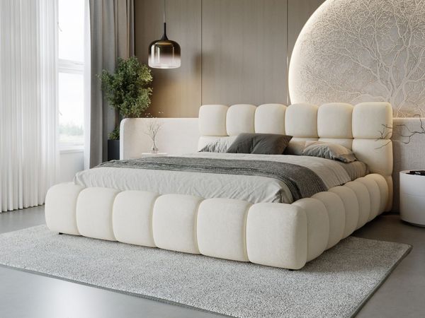 GRAINGOLD Modo Polsterbett 120x200, Doppelbett mit Kopfteil, groß Stauraum, Velour-Stoff, Beige