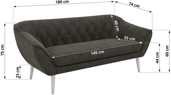 Sofa, Wohnzimmersofa PIRS 3, Skandinavisches Sofa 3-Sitzer, Sofa mit Wellenfederung, weiße Füße, Breite 180 cm Hoher Sitzkomfort - Dunkelgrau Velvet Bild 5