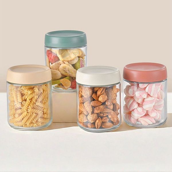 mixed24 Vorratsglas 4er Set Einmachgläser inkl. 12x Etiketten, 1x Stift, (4-tlg), bunte Deckel, sicherer Schraubdeckelverschluss