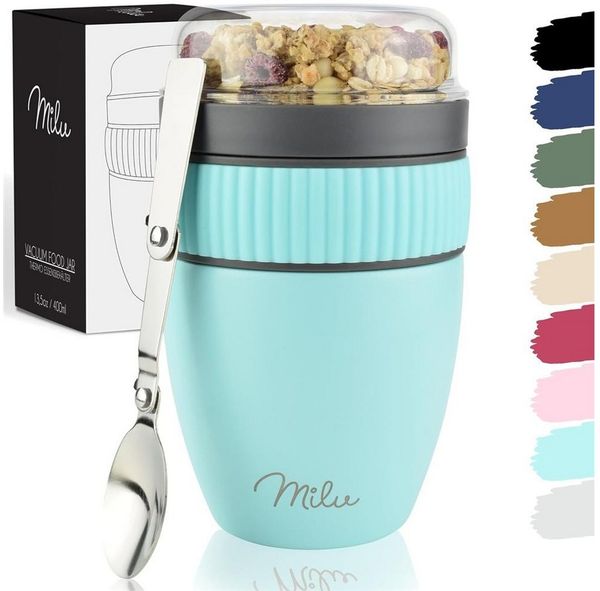 Milu Müslibox Müslibecher To Go Edelstahl 400 ml, isoliert, auslaufsicher, Müslimax Set
