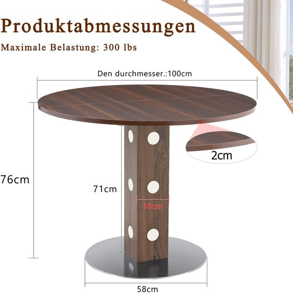 Esstisch rund 100x100x76 cm, Walnuss-Holzmaserung, MDF mit Metallgestell Bild 5
