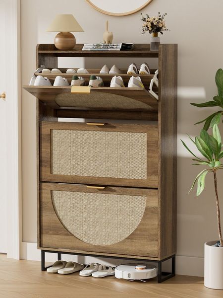 FiveWillowise Schuhschrank Schmal, Schuhaufbewahrung, Schuhablage & Schuhkommode (1-St) Rattan Schuhregal mit 3 Klappen, 80x24x135,5 cm