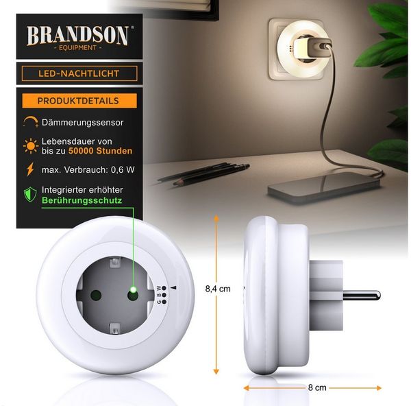 Brandson LED Nachtlicht Nacht & Orientierungslicht mit Steckdose, Helligkeits/Dämmerungssensor, Automatische Ein-/Ausschaltung, Farbwechsel, Nachtlichtfunktion, LED fest integriert, Warmweiß, Grün, Blau, Nachtlampe mit Zwischenstecker & auswählbaren Fa...