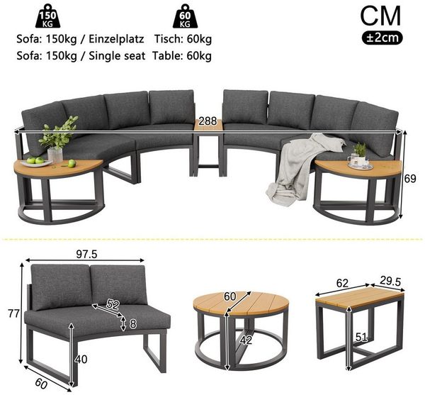 Celya Gartenlounge-Set Gartenmöbel-Set mit grauen Sitzpolstern und Kissen verstellbare Beine, (für 4-6 Personen, elegantes rundes Sofa, grau), Garten Loungesessel Set, bequeme Gartenmöbel