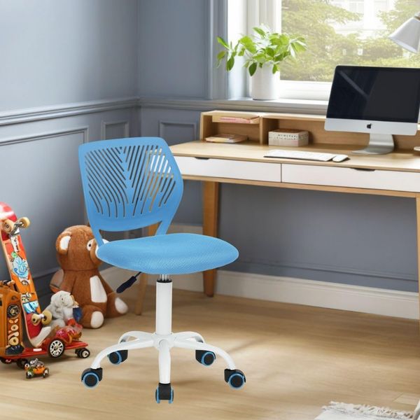 FurnitureR Kinderzimmer Schreibtischstuhl ergonomisch, höhenverstellbarer Drehstuhl ohne Armlehnen, Netzrückenlehne, Metallfuß mit Rollen, Sitz 38x40 cm, Rückenlehne 32cm, 130kg tragbar, Blau