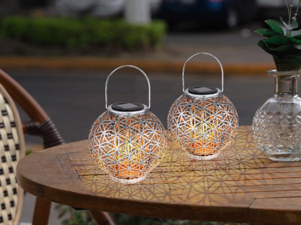 2er Set LED Solarlaternen Kugel mit Dekorstanzungen Silber Antik & Gold, Ø20cm