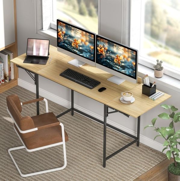 Klappbarer Computertisch 170x58 cm – faltbar, mit Rückbrett, Holzoptik und schwarzen Metallbeinen