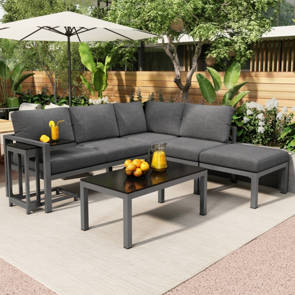 Merax Lounge Gartenmöbelset 5 Personen, Gartenlounge Aluminium Set mit Garten- & Beistelltisch, Balkonmöbel Terassenmöbel Gartengarnitur 5-tlg, Grau
