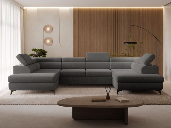GRAINGOLD Wohnlandschaft U-Form Argon U, Couch mit Schlaffunktion, mit Bettkasten, Velour-Stoff, Dunkelgrau