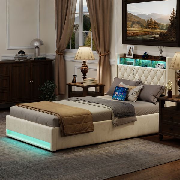 Polsterbett mit erhältlich,Hochelastischer Schaum,Mit LED-Lichtleiste und USB-Aufladung,Samt,140*200cm