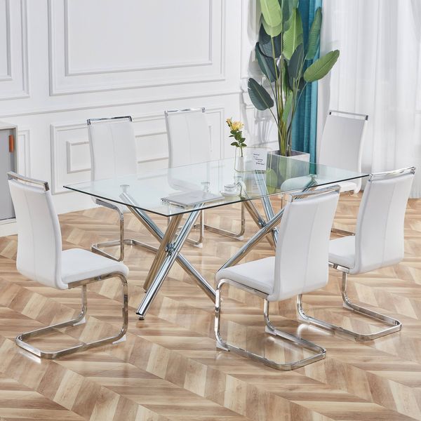 Esszimmerstuhl Freischwinger 4er-Set H 100 x T 54 x B 42 cm, PU-Kunstleder Weiß, verchromtes Metallgestell