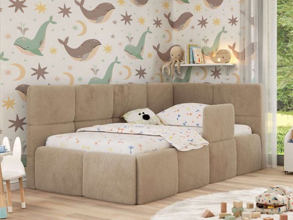 Jugendbett, Kinderbett mit Kopfteil ARVO ALTA 90x200 cm, Polsterbett mit Stauraum, hoher Schlafkomfort - Beige Plüsch - Rechts - VIRE LUX