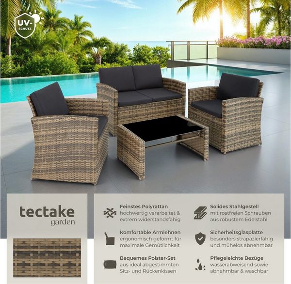tectake Lounge Gartenmöbel Set Poly Rattan für den Garten, Möbel für den Balkon, 12-teilige Garten Lounge (wetterfest), Essgruppe mit Outdoor Sofa, Sessel und Tisch für 4 Personen (Natur/Dunkelgrau)
