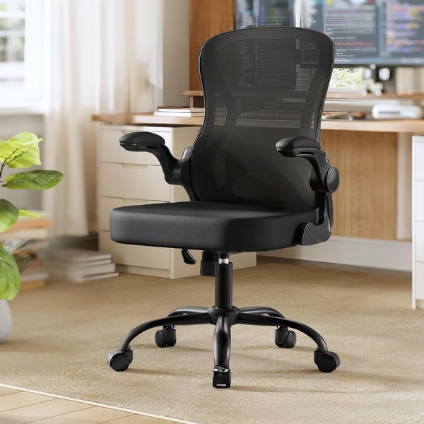 SONGMICS Bürostuhl ergonomisch, Drehstuhl mit Netzgewebe, Schreibtischstuhl mit Lendenstütze, Wippfunktion, klappbare Armlehnen, für Arbeitszimmer, Schlafzimmer, tintenschwarz OBN042BH02