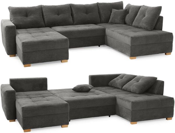 Wohnlandschaft U-Sofa groß Schlaffunktion Couch Bettkasten Cord Dunkelgrau