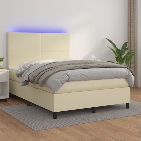 vidaXL Boxspringbett mit Matratze & LED Creme 140x190 cm Kunstleder 3135821
