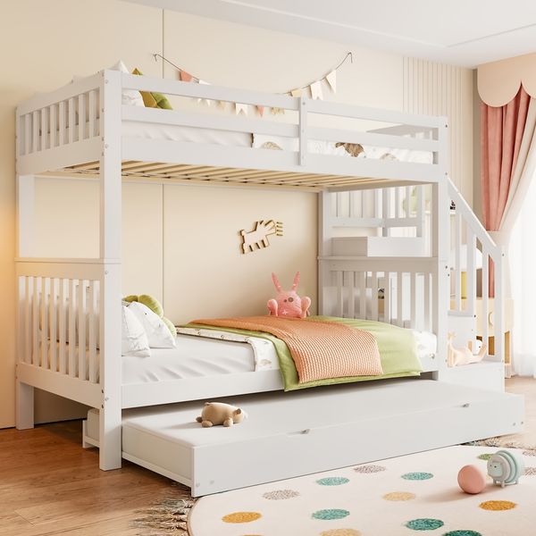 Etagenbett 90x200 cm mit ausziehbarem Rollbett, Treppenregal und hohen Geländern, Kiefer/MDF, Weiß