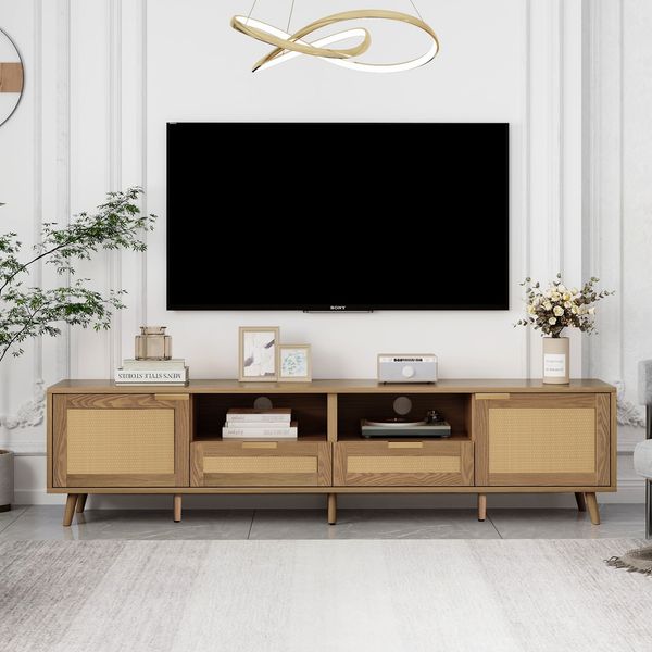 TV-Schrank, Rattan-Design, mit 2 Türen, 2 Schubladen & höhenverstellbaren Füßen, 200x37x49 cm, Eiche