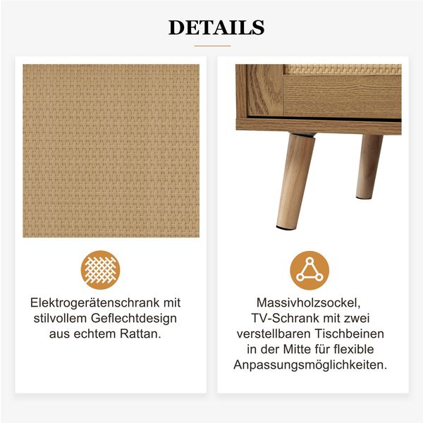 TV-Schrank, Rattan-Design, mit 2 Türen, 2 Schubladen & höhenverstellbaren Füßen, 200x37x49 cm, Eiche Bild 6