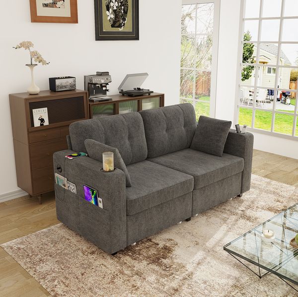 2-Sitzer Sofa, Chenille mit USB-Anschluss & Stauraumschubladen, 172x75x82 cm, Grau