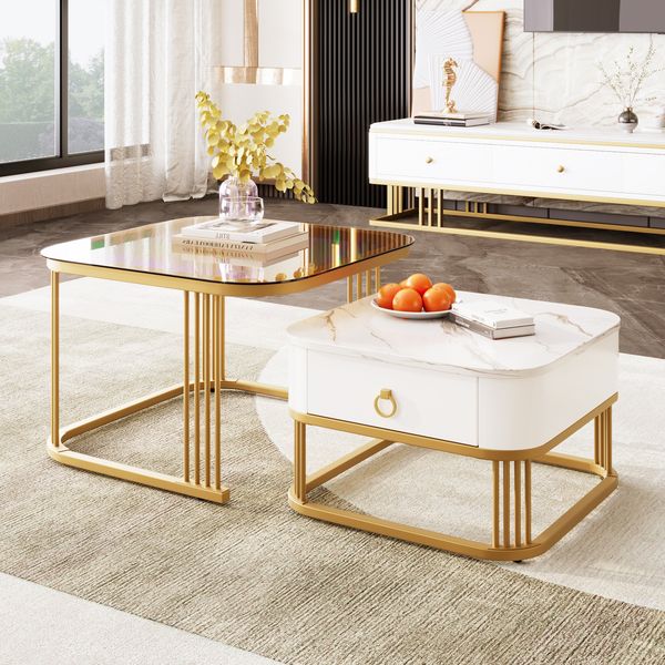 Couchtisch-Set 60x60x42.5 + 50x50x34 cm, MDF Hochglanz-Marmoroptik, Goldakzente, mit Schublade, Weiß und Gold und Teebraun