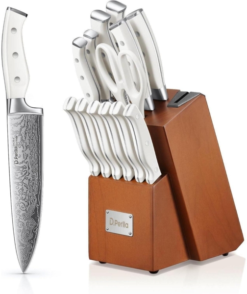 Messerblock mit Messerschärfer 14 TLG Edelstahl Messerset Holzblock Weiß