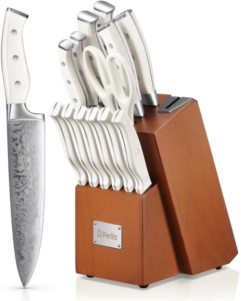 Messerblock mit Messerschärfer 14 TLG Edelstahl Messerset Holzblock Weiß