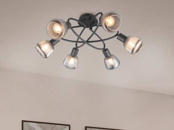 Große LED Deckenleuchte 6-flammig mit Glasschirmen Chrom bedampft, Ø 59cm