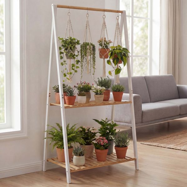 Bambus Pflanzenregal HWC-Q32, Blumentreppe Pflanzentreppe Badregal, Stange 2 Ablagen 130x70x44cm ~ natur-weiß