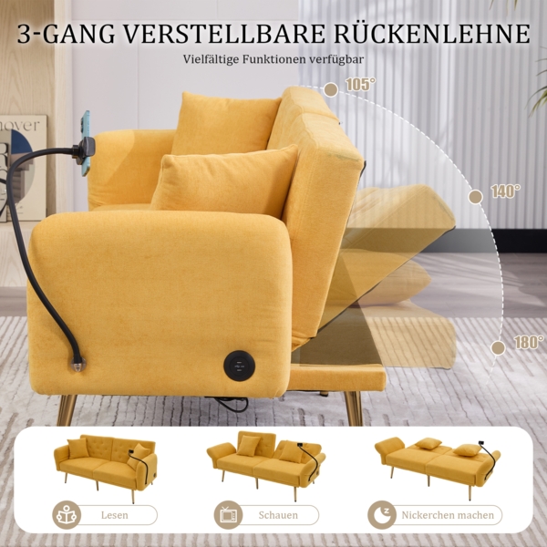 Sofa-Bett, Multifunktionales für zwei Personen mit verstellbarer Rückenlehne zwei USB-Anschlüsse Handyhalter Seitentasche Metallbeinen modernes Klappsofa als Sitzmöbel oder Gästebett, Stoff+Metall, Grau Bild 3