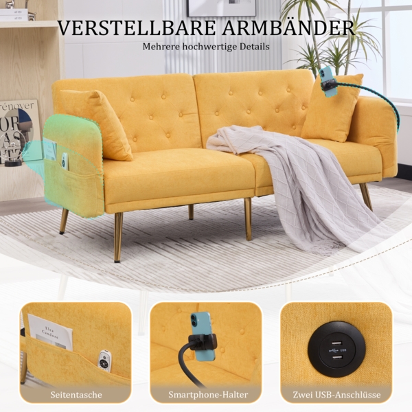 Sofa-Bett, Multifunktionales für zwei Personen mit verstellbarer Rückenlehne zwei USB-Anschlüsse Handyhalter Seitentasche Metallbeinen modernes Klappsofa als Sitzmöbel oder Gästebett, Stoff+Metall, Grau Bild 4