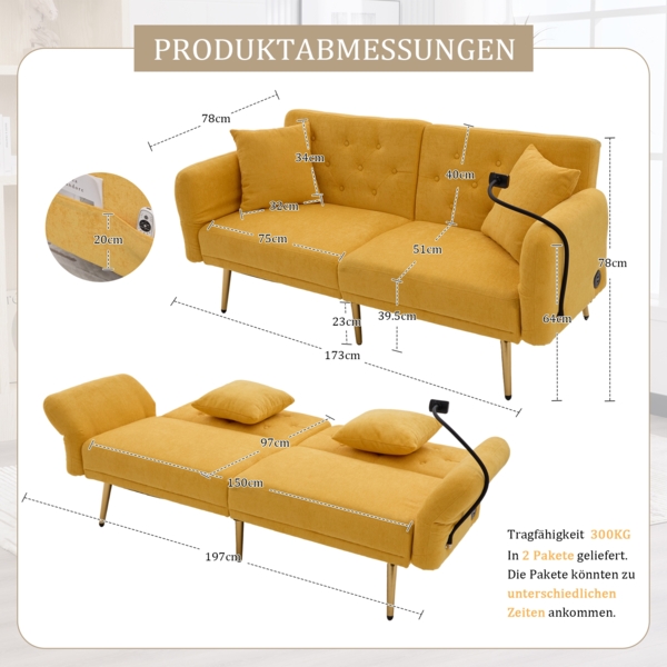 Sofa-Bett, Multifunktionales für zwei Personen mit verstellbarer Rückenlehne zwei USB-Anschlüsse Handyhalter Seitentasche Metallbeinen modernes Klappsofa als Sitzmöbel oder Gästebett, Stoff+Metall, Grau Bild 2