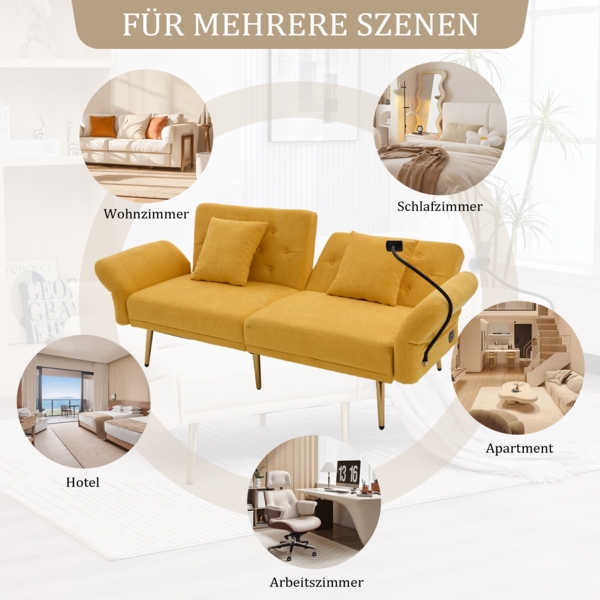 Sofa-Bett, Multifunktionales für zwei Personen mit verstellbarer Rückenlehne zwei USB-Anschlüsse Handyhalter Seitentasche Metallbeinen modernes Klappsofa als Sitzmöbel oder Gästebett, Stoff+Metall, Grau Bild 7