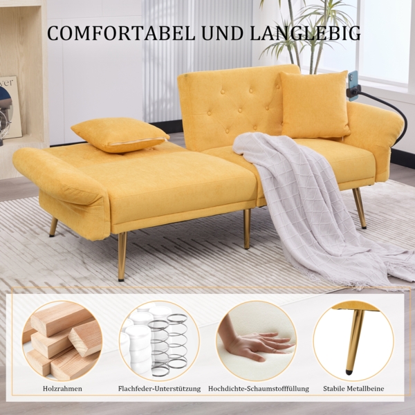 Sofa-Bett, Multifunktionales für zwei Personen mit verstellbarer Rückenlehne zwei USB-Anschlüsse Handyhalter Seitentasche Metallbeinen modernes Klappsofa als Sitzmöbel oder Gästebett, Stoff+Metall, Grau Bild 5