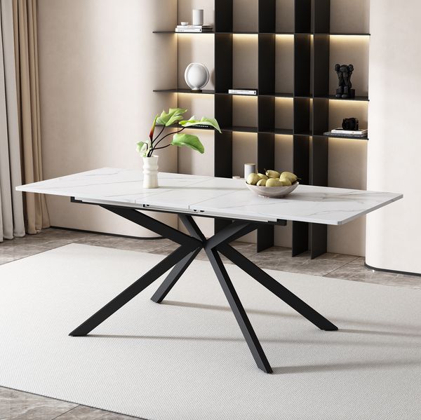 Ausziehbarer Esstisch 150/180 x 70 x 76 cm mit Kreuzbein-Design – MDF-Tischplatte in Schwarz/Weiß