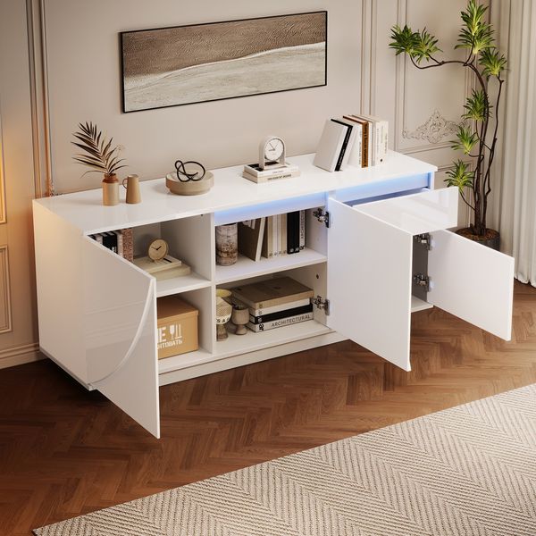Sideboard mit LED, 3 Türen & Schublade, 140 x 40 x 60 cm, Weiß