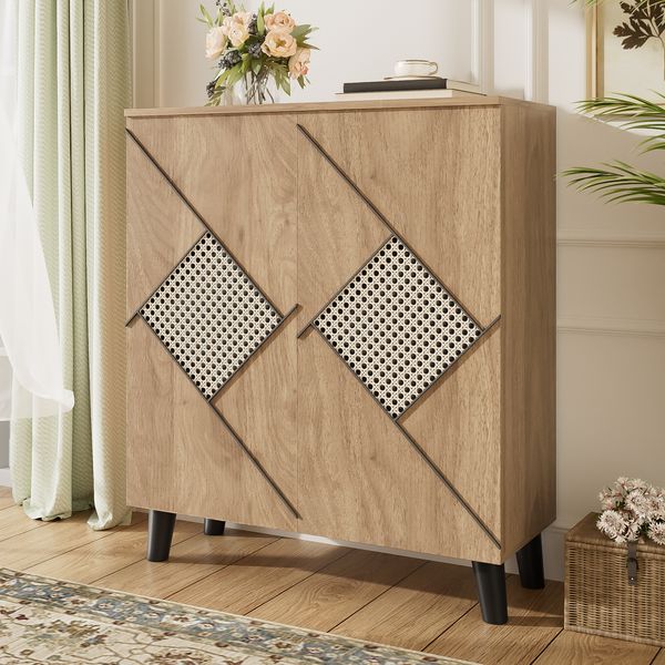 Schuhschrank 80 x 31 x 91 cm aus Spanplatte in Holzoptik mit Rattan-Front und Türen