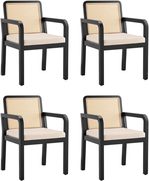 Merax Esszimmerstühle (4er-Set) , Schminkstuhl, ergonomischer Stuhl, Leicht-Luxus-Stuhl, Rattan-Rückenlehne, Gummiholz-Stuhlbeine, Samt, Schwarz