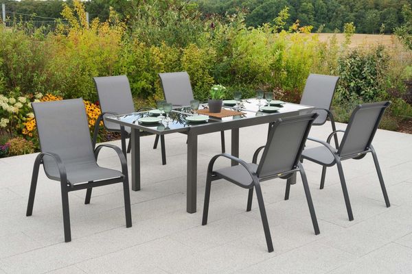 MERXX Garten-Essgruppe Amalfi, (Set, 7-tlg), inkl. 6 Stapelsessel, 1 Ausziehtisch