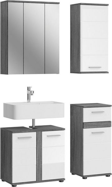 welltime Badmöbel-Set LUCCA, 4-teilig, MDF Hochglanzfront, bestehend aus:, (Set, 4-St), Waschbeckenunterschrank, Spiegel, Unterschrank, Hängeschrank