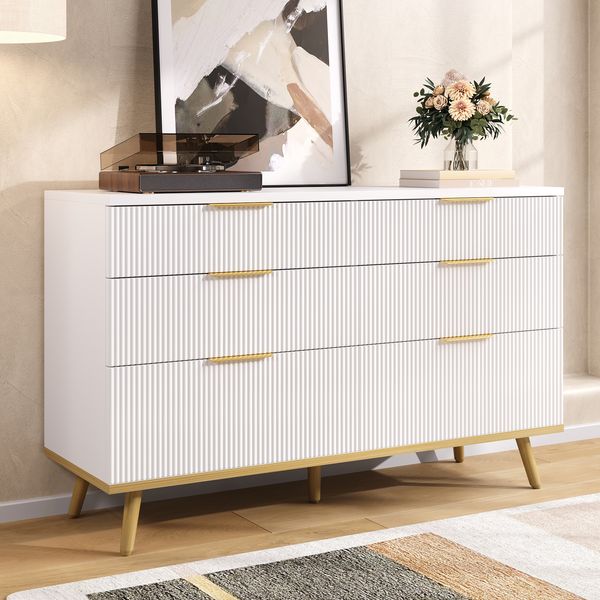 Kommode, Spanplatte mit 6 Schubladen, 120x40x76,5 cm, Weiß, mit Holzoptik-Füßen