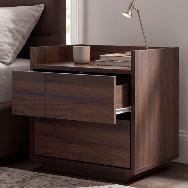 Nachttisch HWC-P44, Nachtkasten Nachtschrank Nachtkommode, 2 Schubladen MDF 43x48x41cm ~ Walnuss-Optik