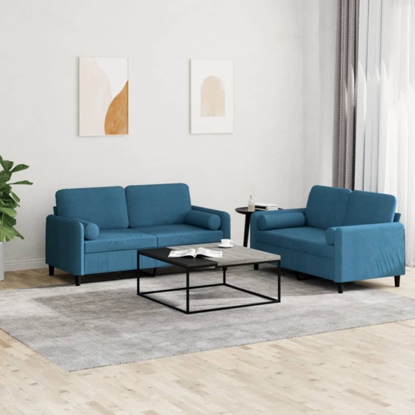 2-tlg. Sofagarnitur mit Kissen Blau Samt 3202003