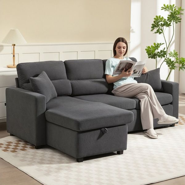 HOMCOM Ecksofa Sofa mit Schlaffunktion, Ecksofa 1 Teile, mit Stauraum, Beige