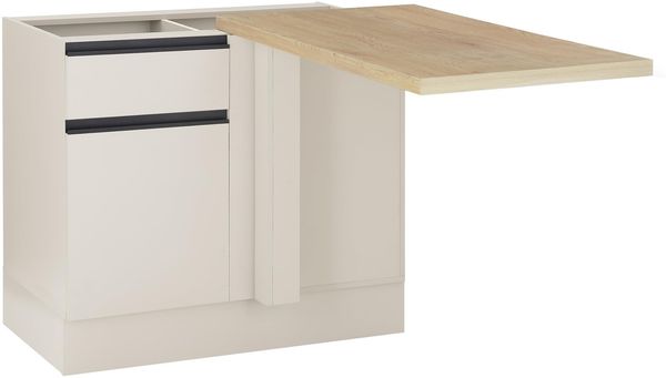 Nizza Eckunterschrank 115 x 90 x 60 cm, Seidengrau – Moderner Küchen-Unterschrank mit Soft-Close und schwarzen Metallgriffen