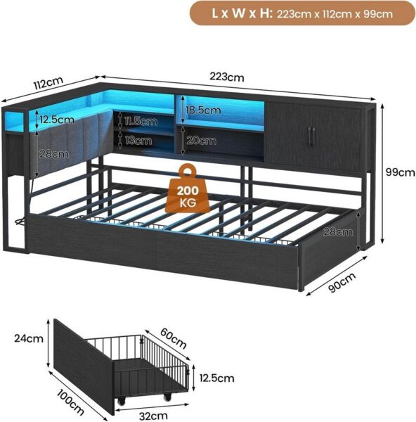 KIMENICH Polsterbett Jugendbett, Schlafsofa mit LED-Beleuchtung und USB-Ladestation (1-tlg, Ohne Matratze), Tagesbett mit Lattenrost aus Metall und 2 Schubladen, 90x200cm