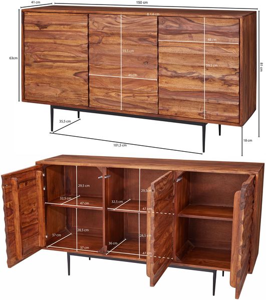 Sideboard WL5.635 Sheesham Massivholz 150 x 81 x 41 cm Landhaus Kommode, Design Anrichte Groß, Hoher Kommodenschrank mit 3 Türen Holz Massiv, Standschrank Wohnzimmer Modern Bild 4