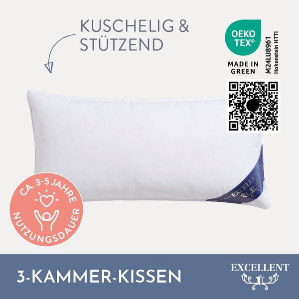 Excellent 3-Kammer-Kopfkissen Venedig, Kissen 1-tlg. oder 2-tlg. hergestellt in Deutschland!, Füllung: 90% Daunen (Außenkammer), Bezug: 100% Baumwolle, Kopfkissen in 40x80 und 80x80, Hohenstein Institute ausgezeichnet